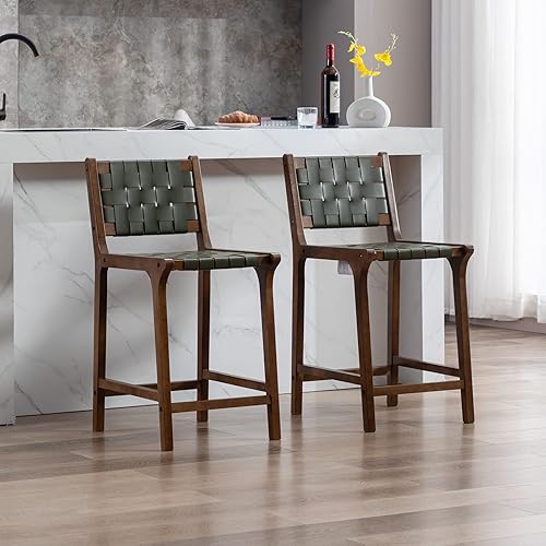 Juego de 2 taburetes de mostrador modernos de 23.5 pulgadas de altura de mostrador con asiento de correa tejida de piel sintética y respaldo