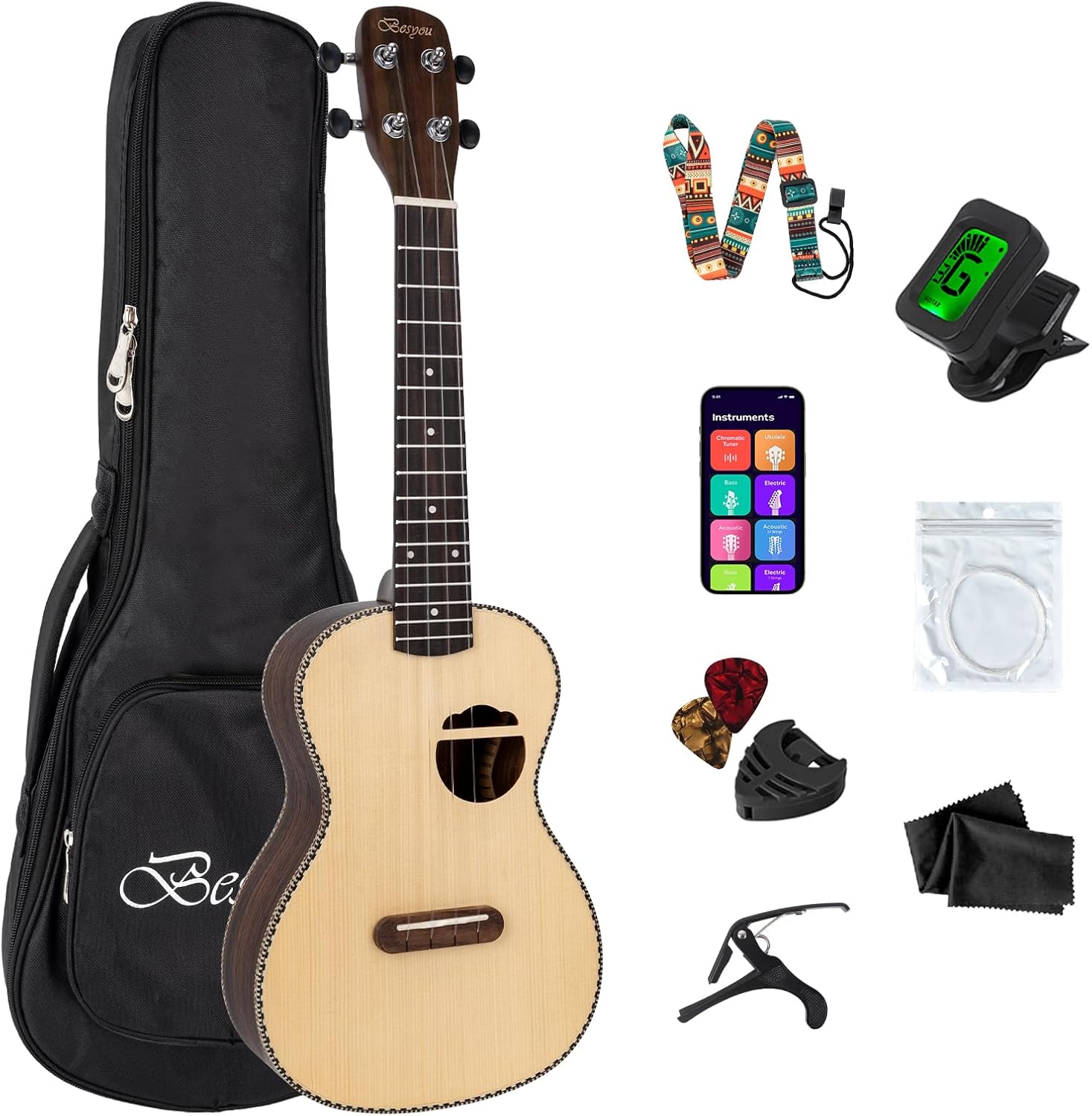 23 in Spruce Rosewood Concert Ukulele Beginner Kit with Tuner Gig Bag
