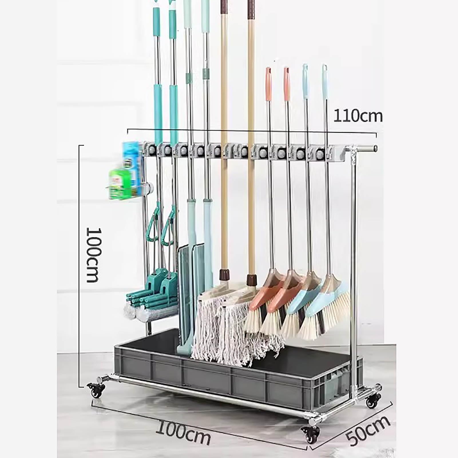 Soporte móvil para fregonas y escobas de acero inoxidable, práctico soporte para fregonas y escobas de acero inoxidable, soporte de herramientas de limpieza y organización (110 cm)