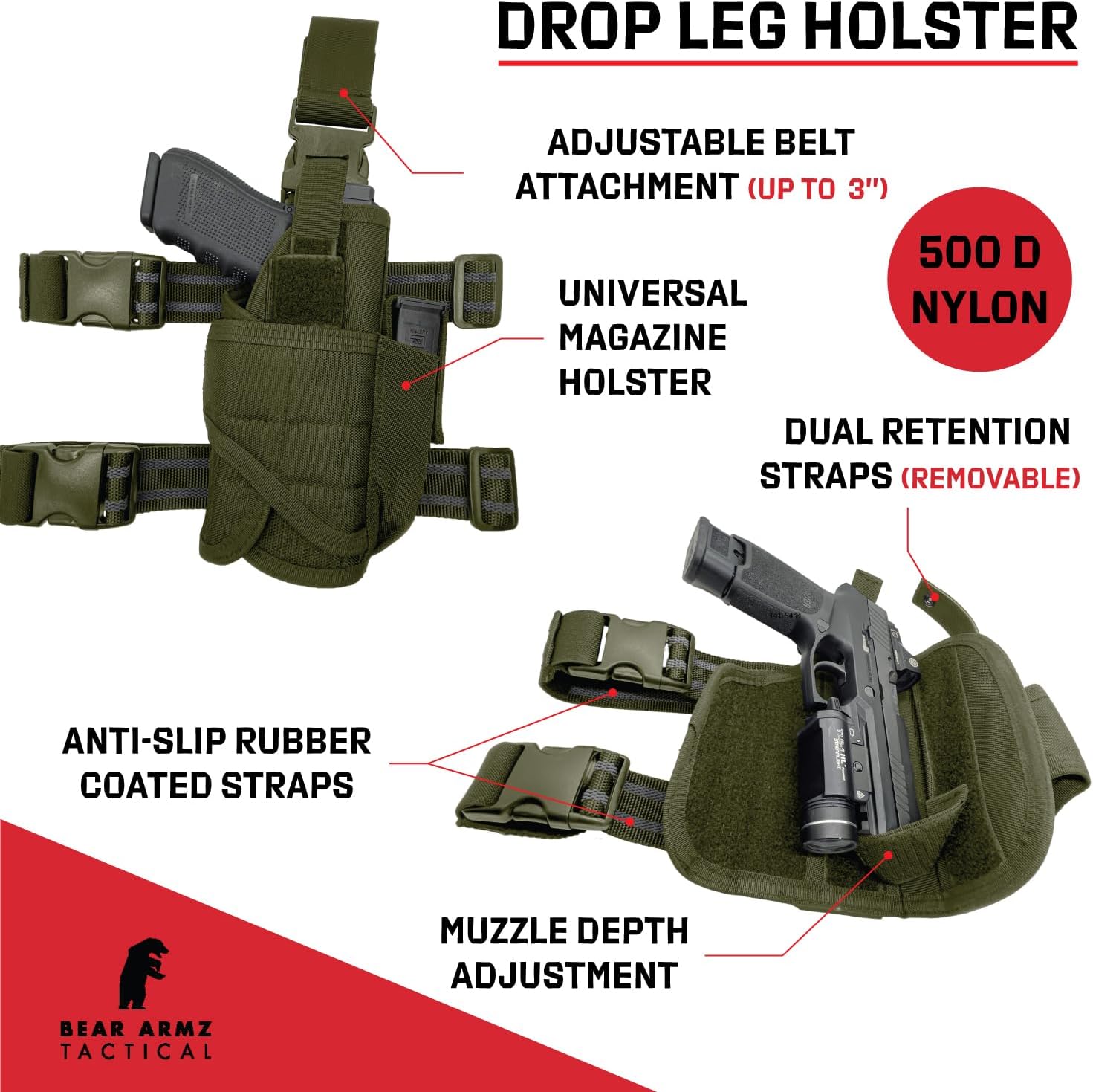 Universal Drop Leg Holster 500D Nylon | American Company | Thigh Holster Mag Pouch | Adjustable Gun Holster Fits Any Pistol | Sig, Glock, S&W