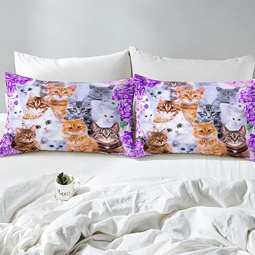 Miniatura 5 de Juego de sábanas de gatos divertidos para mascotas, para niños, niñas, amantes de los gatos, floral, morado, juego de cama con 1 funda de almohada,