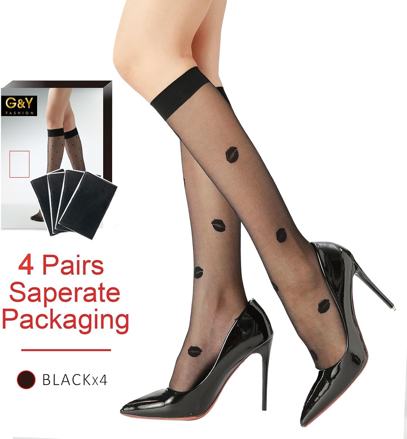G&Y 4 Pairs Pattern Knee High Pantyhose with Reinforced Toe - 30D Nylon Stockings for Women Dot Heart Lip Patterned - Image 6