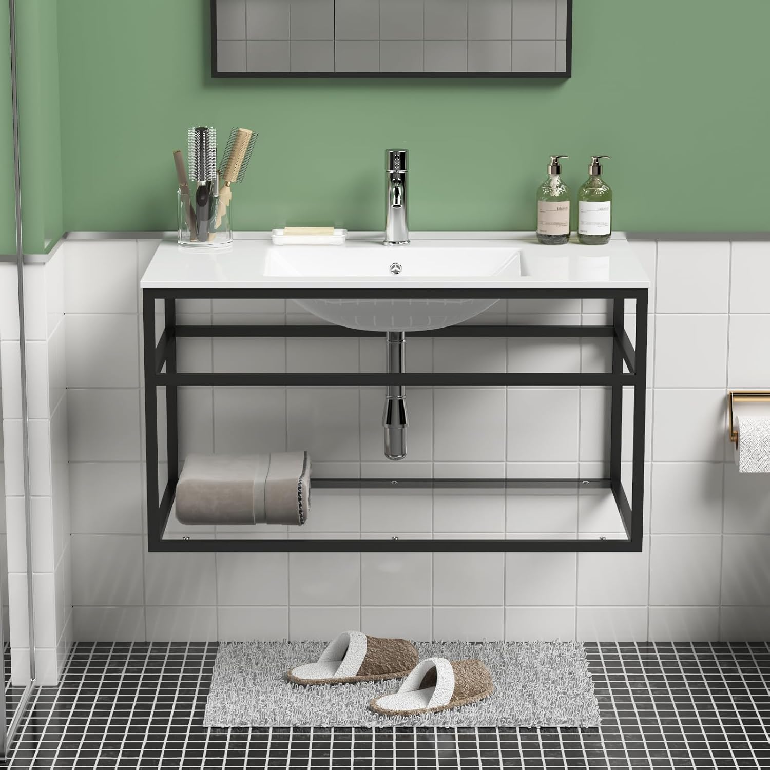 36 Inch Floating Bathroom Vanity with Ceramic Sink Combo Wall Mounted Steel Frame Bathroom Cabinet with Tempered Glass Storage Shelf for Modern Bathrooms