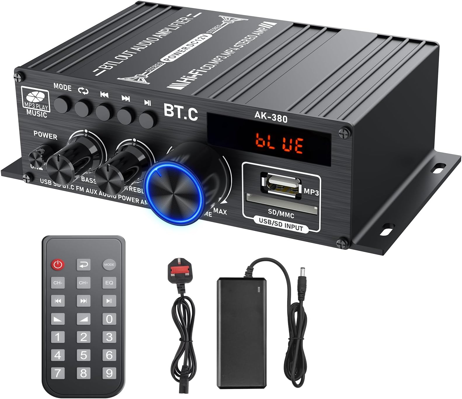 Bluetooth 5.0 Stereo Amplifier, 2x40W High Power with Bass/Treble Control, Multiple Inputs (USB/SD/AUX/RCA), Remote Control & LCD Display, for Home Speakers & Karaoke