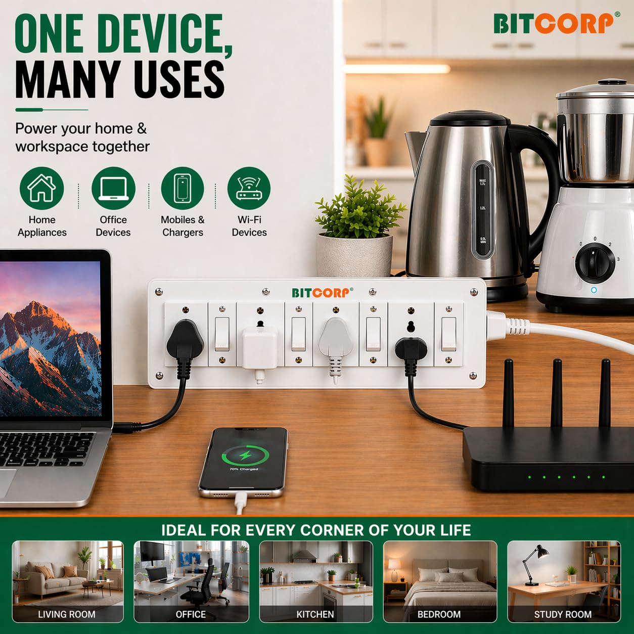 BITCORP 6A Extension Board - 4 Outlets, 1500W -3