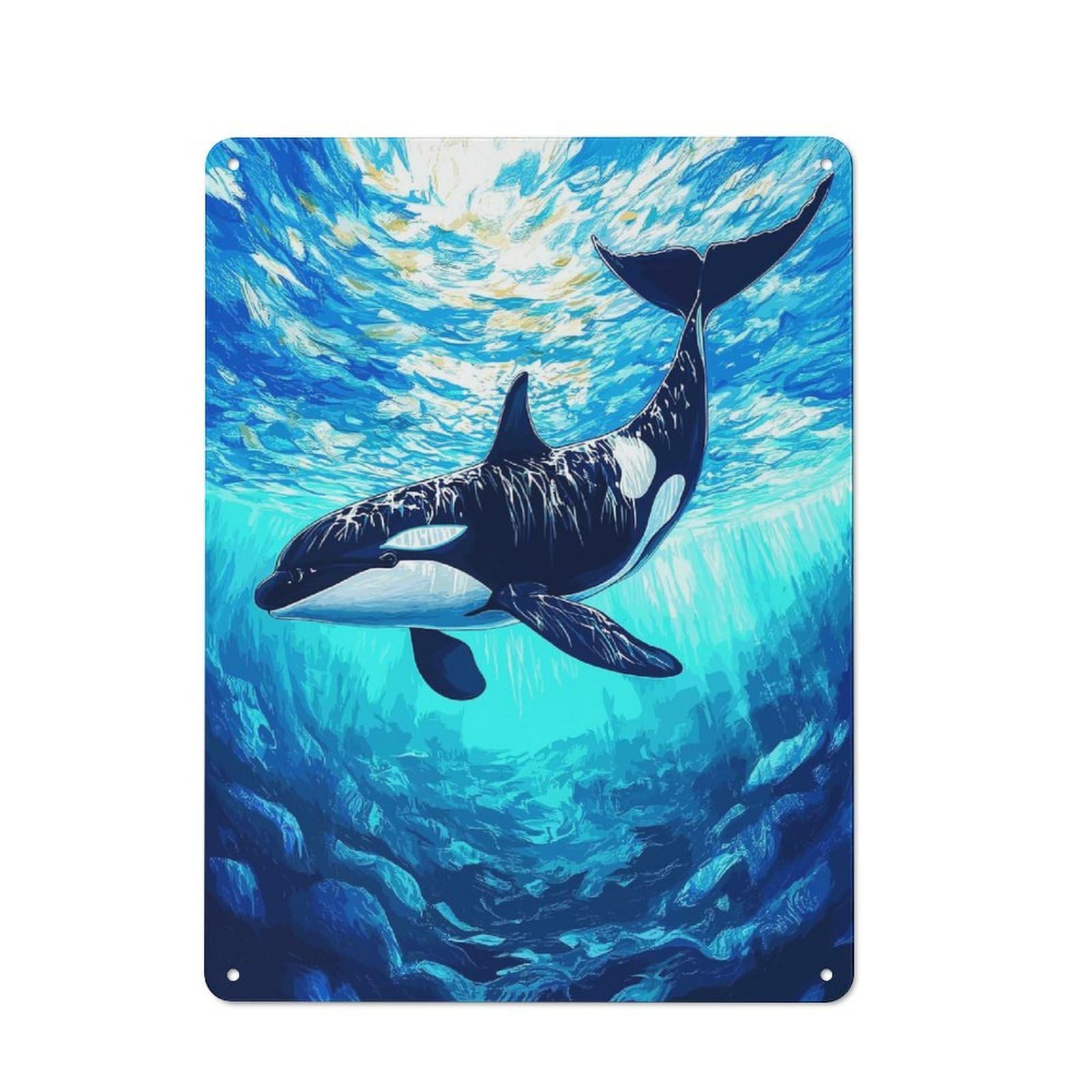 Junmoney Style-1 Tin Wall Plaque 40X30cm With Orca Whale Underwater Illustration For Pub Or Café, For Hospitality Wall Decor Collectors
