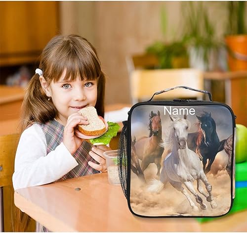 Miniatura 2 de Lonchera personalizada con diseño de caballos, caballos, animales, con nombre personalizado, bolsa de almuerzo aislada personalizada, bolsa de
