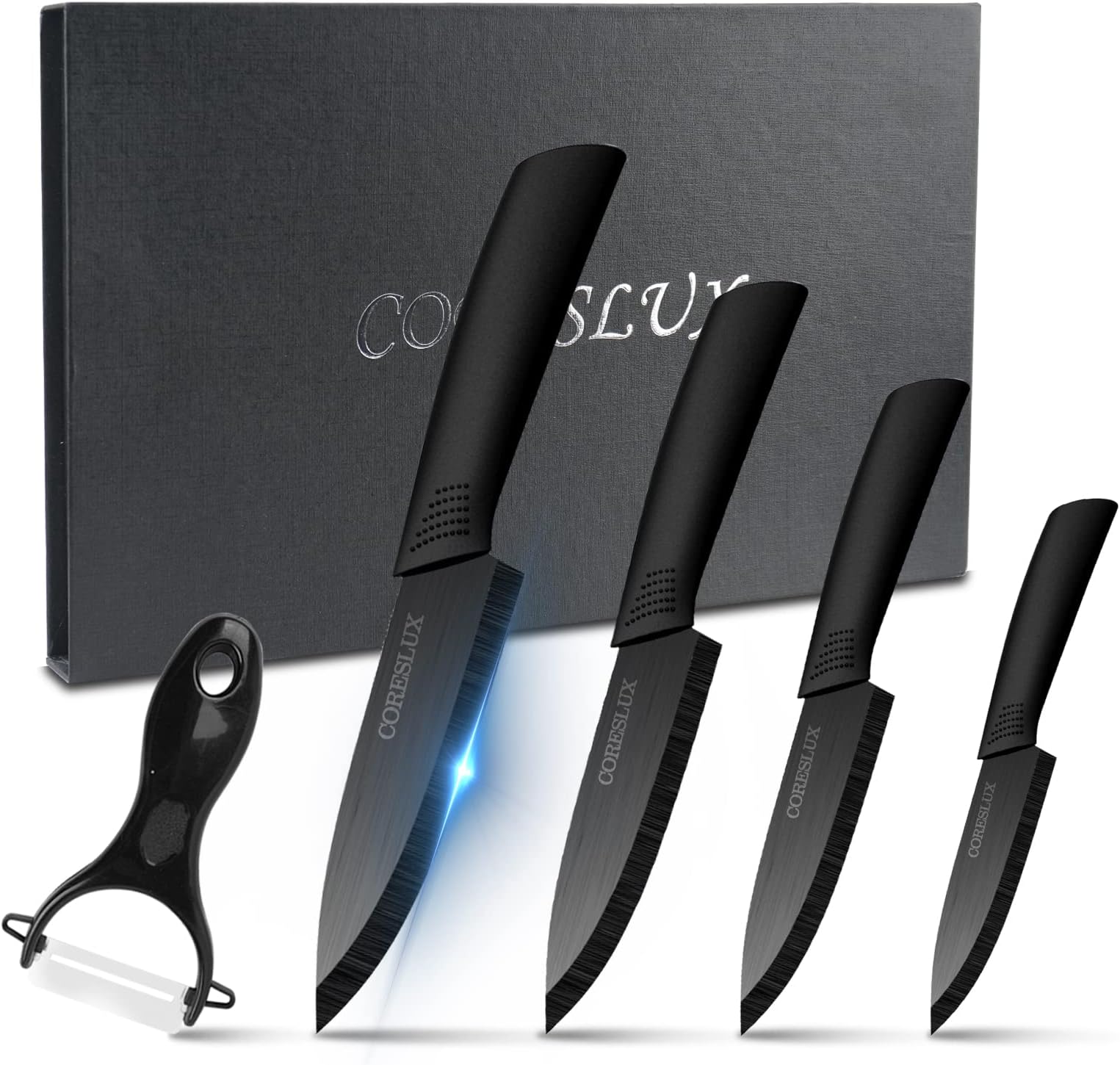 CORESLUX Ceramic knife, 6 Piece Ceramic Kitchen Knife Set, Ceramic Knives Set for Kitchen 6" Chef Knife 5" Utility Knife 4" Fruit Knife 3" Paring Knife 1'' Vegetable Fruit Peeler(Black)