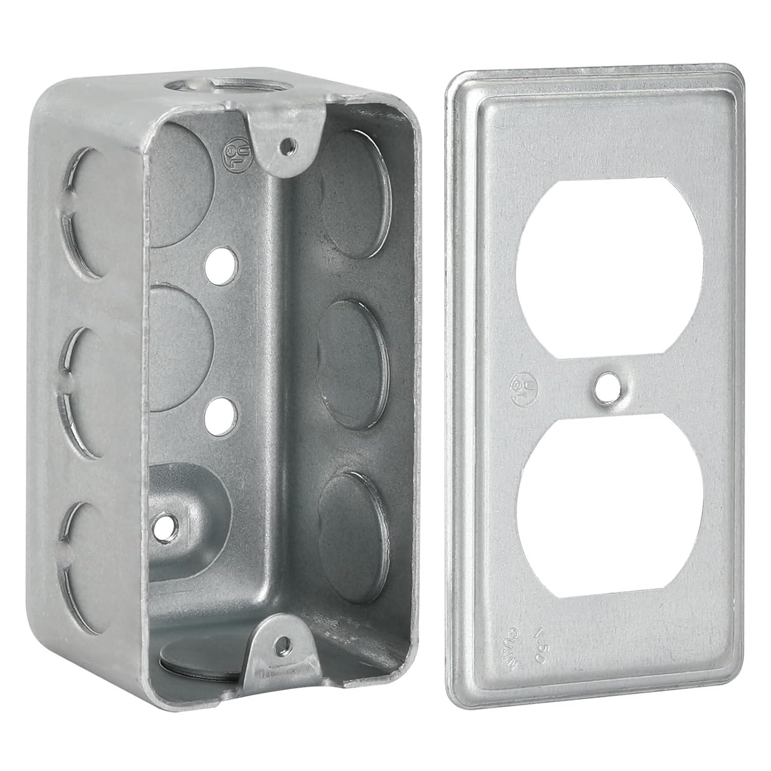 XGGYA Galvanized Steel 4x2 Outlet Box & Cover Set - UL Listed 1.6mm Thick Handy Box, 10 Knockouts for Duplex Receptacles