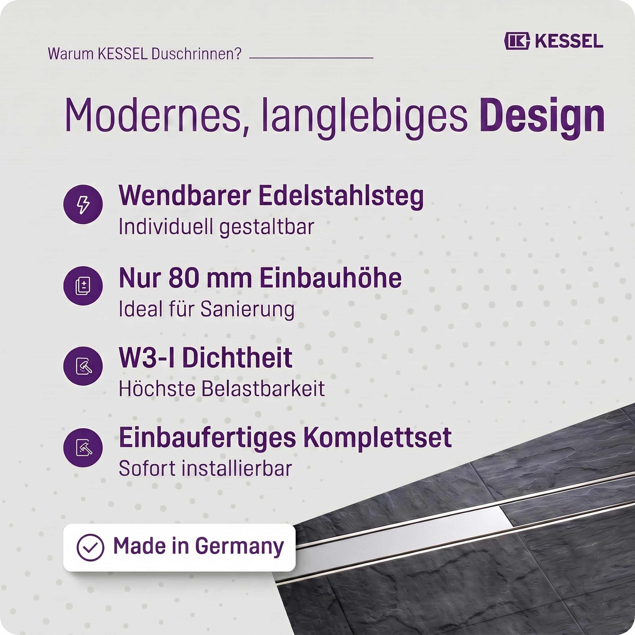 KESSEL Duschrinne Linearis Compact 75 cm, Edelstahl, DN 50, flach | Wendbarer Rost befliesbar, inkl. Geruchsverschluss, WaD Dichtmanschette, geringe Einbauhöhe, Komplettset