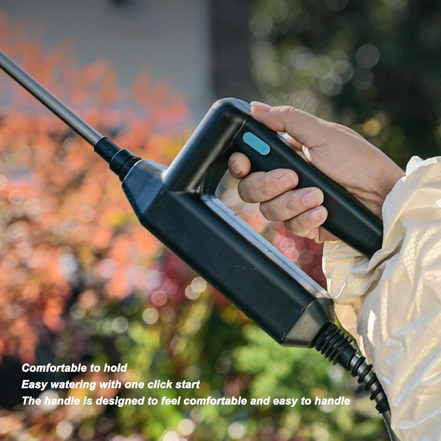 Hand holding the GOWENIC Electric Sprayer handle with one-click start button