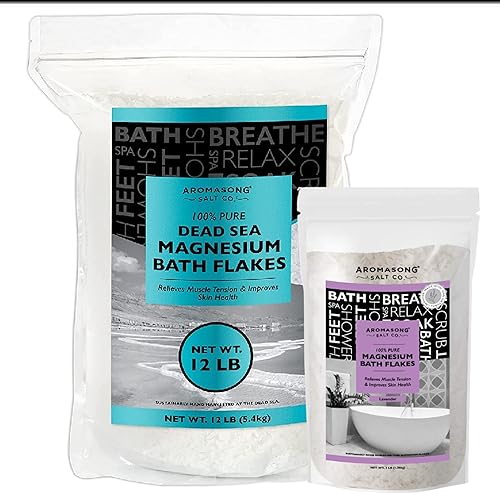 Aromasong Copos de magnesio del mar muerto, paquete resellable de 12 libras con copos de magnesio de 3 libras con lavanda 100% natural para