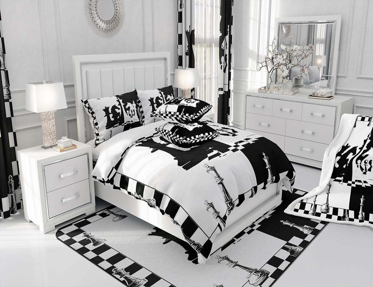 International Chess Kids Blackout Curtain Chess Games Window Drapes for Boys Teens Adults Room Decor, Black and White Grid Window Treatments, Grommet Top 2 Panel Set Bedroom Curtains, 42Wx84L inch