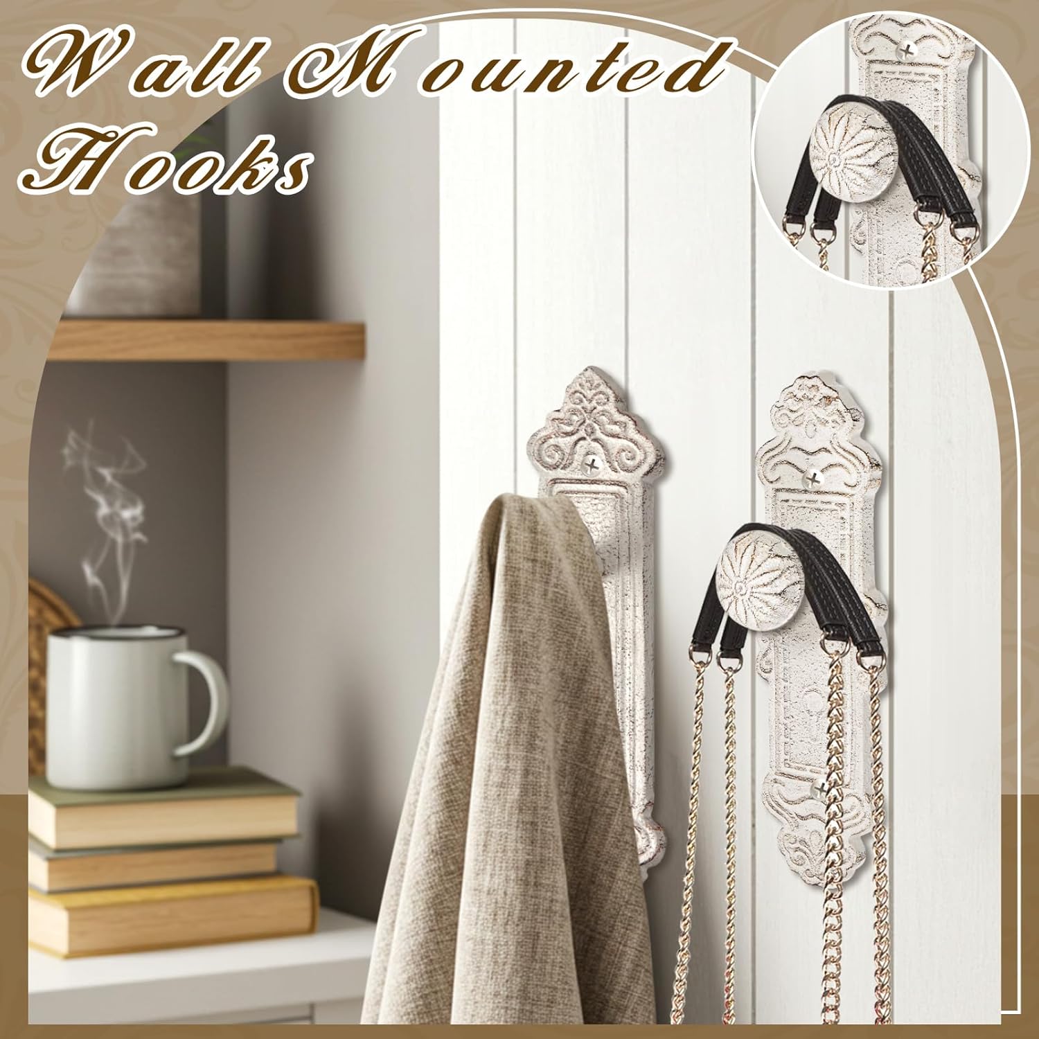 GlikCeil 2 Pcs Shabby Chic Hooks Decorative Wall Mounted with Screws and Anchors, Rustic White Cast Iron Hooks Door Knob Shabby Chic Country Decor for Coat Hats Bags Scarves Hallway Kitchen (Classic)