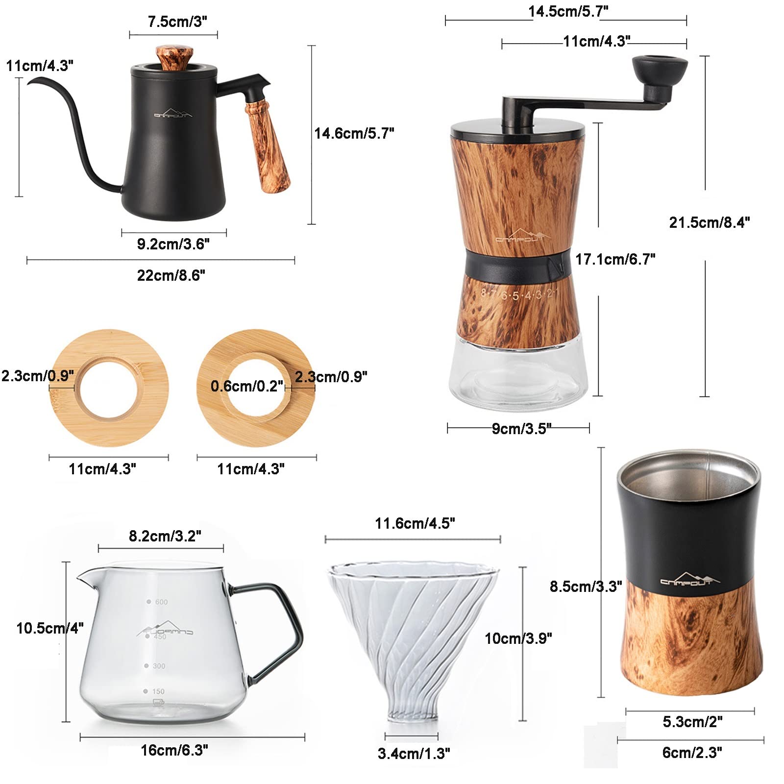 Juego De Cafetera De Vertido para Viajes/Camping/Senderismo, Taza Individual, Filtro De Café De Acero Inoxidable, Taza De Vidrio De Borosilicato, Molinillo Manual, En Casa/Oficina (Size : Sets)