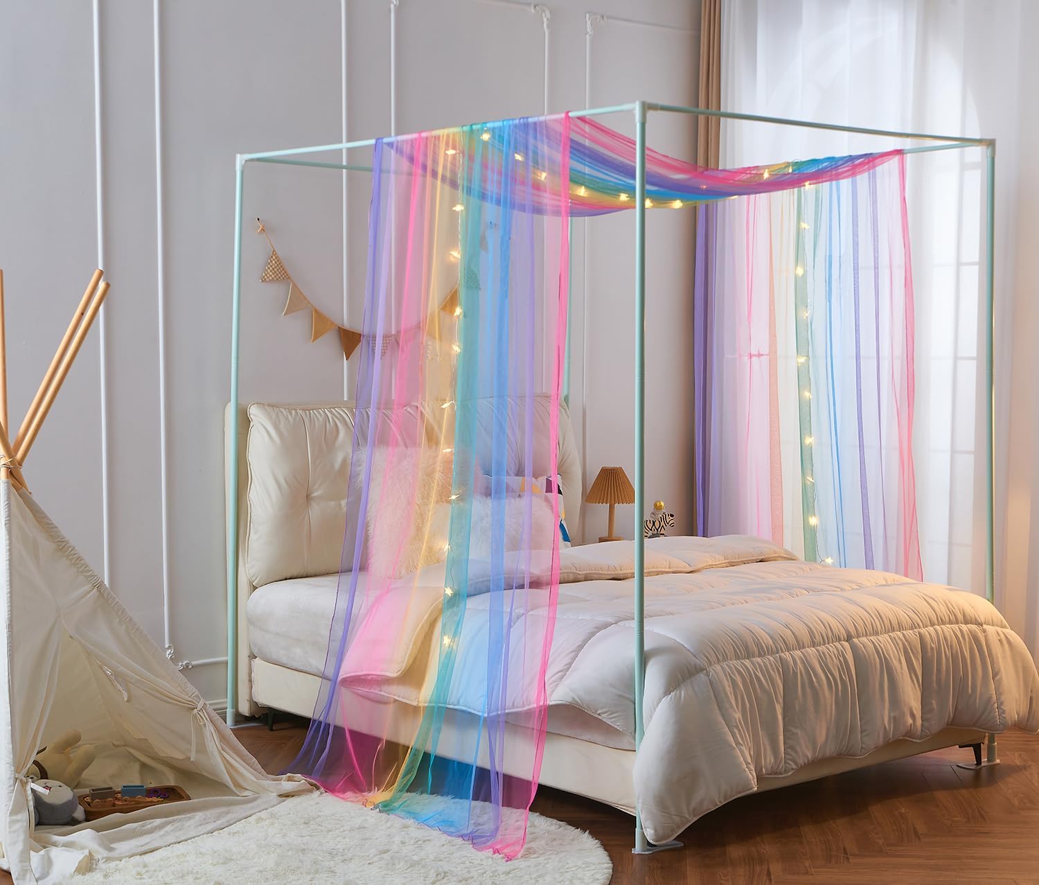 Rainbow Bed Canopy for Girls, Sheer Twin Canopy Bed Curtains with Lights, Princess Canopy Scarf for Girls Bed Room Decor (2 Panel)