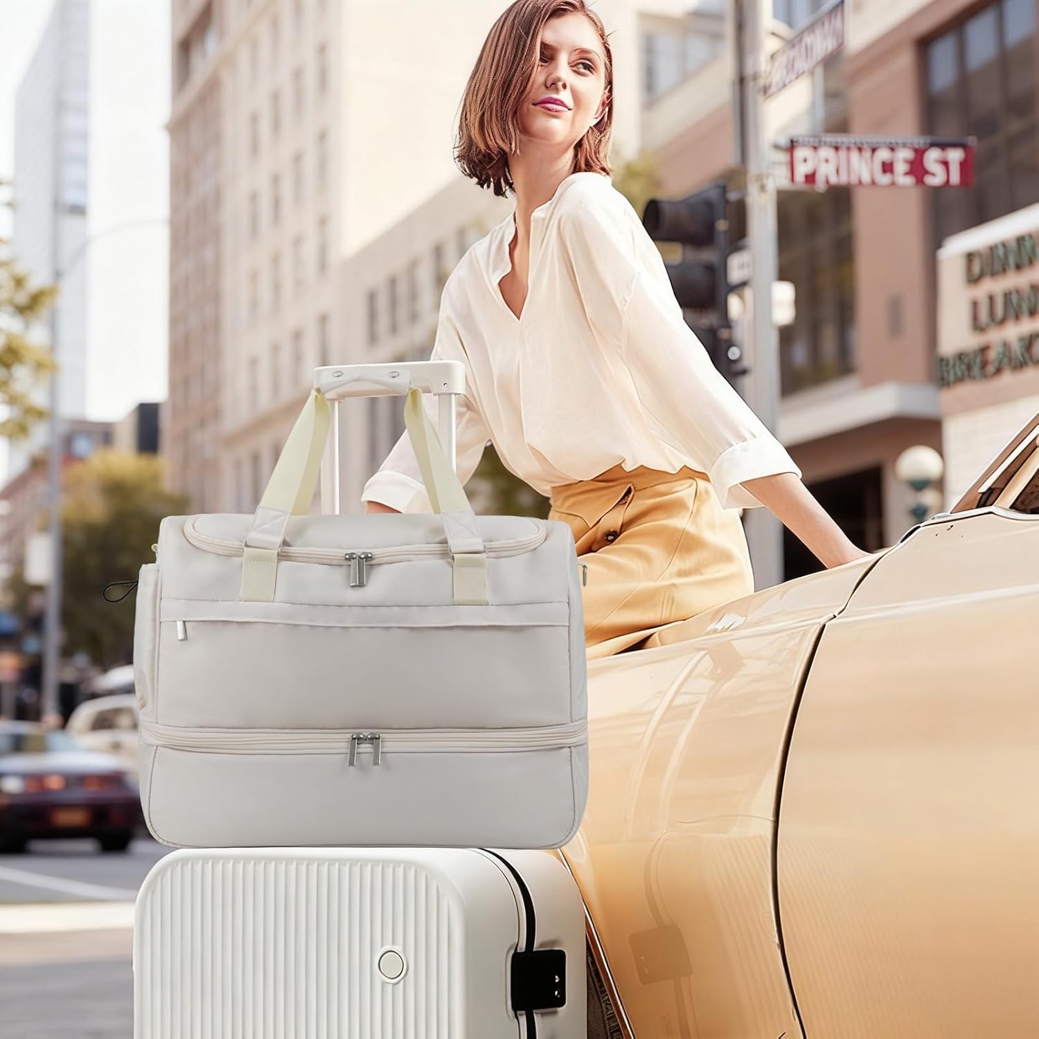 Carry On Travel Duffel Bag for Women & Men,Overnight Weekender Bag with Shoe Compartment,Trolley Sleeve and Adjustable Shoulder Strap,Business & Weekend Travel,Gym,Sports,Yoga & Dance(Ivory) - Image 6