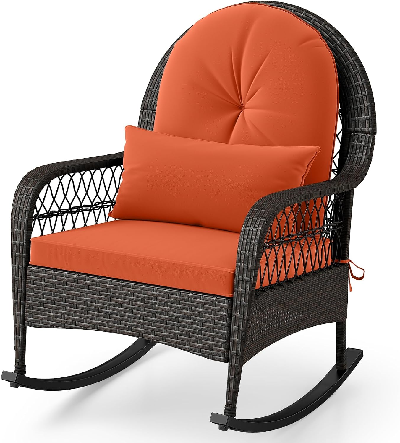 ORALNER Patio Rocking Chair, Mix Brown PE Wicker (1, Orange) | Outdoor Rattan Rocker, Seat and Back Cushion, Waist Pillow, Armrests, Garden Chair for Porch, Backyard, Poolside, Deck