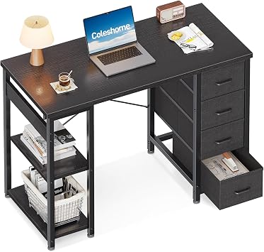Coleshome Small Computer Desk with Fabric Drawers, 100 x 40 cm, Black