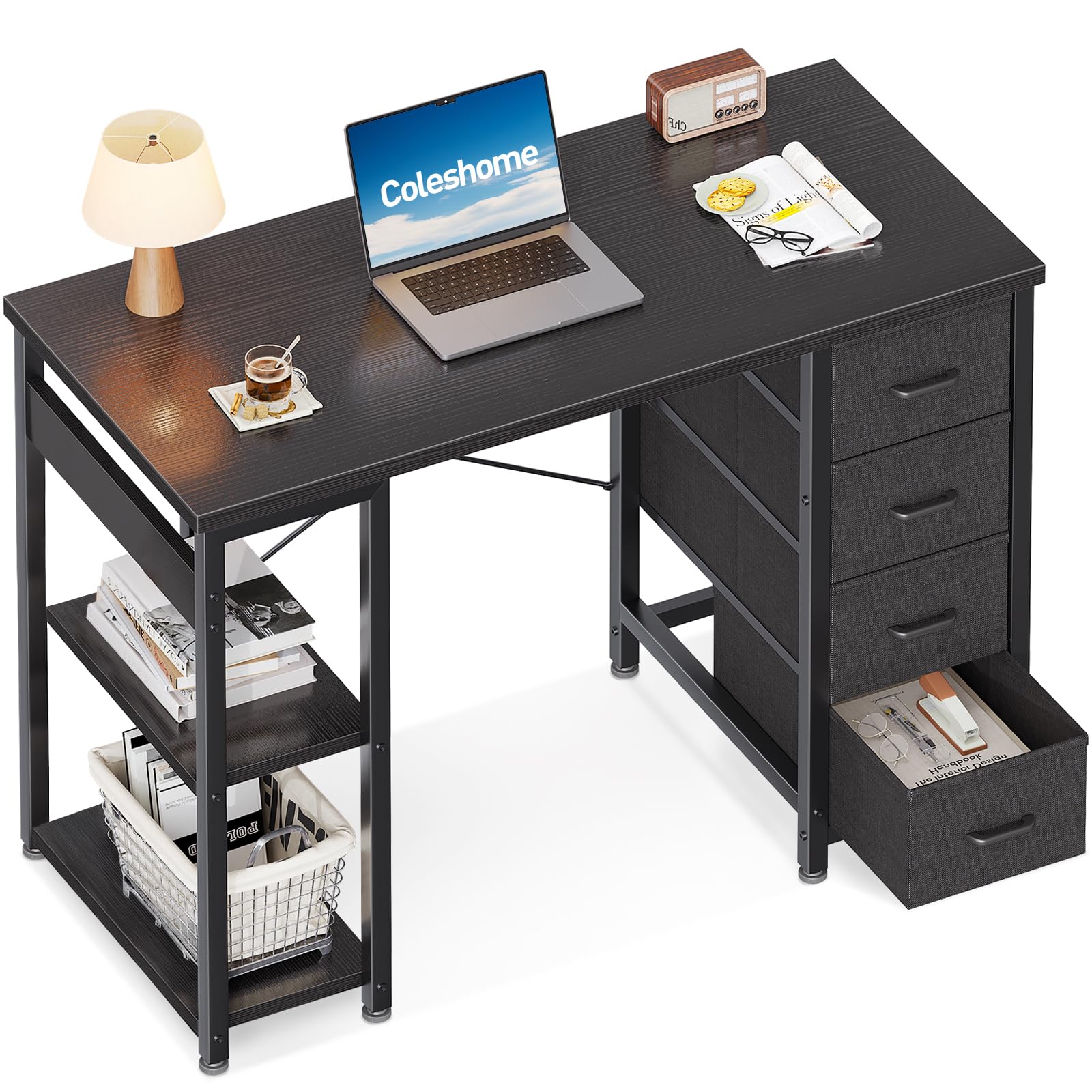 Coleshome Small Computer Desk with Drawers, 100x40cm Office Desk with Storage Shelves, Reversible Study Table for Home Office, Small Space, Black