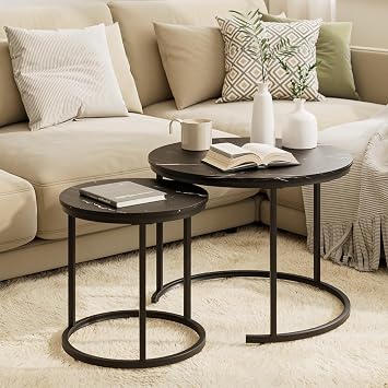 HEYZOEY Round Coffee Tables, Removable Set of 2 End Table, Nesting Tables with Metal Frame Legs and Black Top for Living Room, Bedroom, Office, Balcony, ApartmentMarble Black