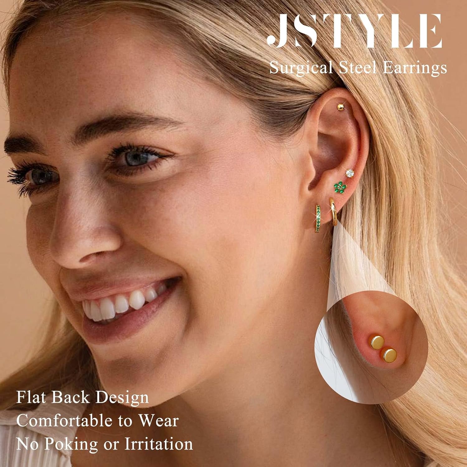 Jstyle Hypoallergenic 14K Gold Plated Stud Hoop Earrings for Women Men Surgical Stainless Steel Flat Back Earrings Small Huggie Hoops Cartilage Earring Set for Multiple Piercing Jewelry Gift for Women - Image 2