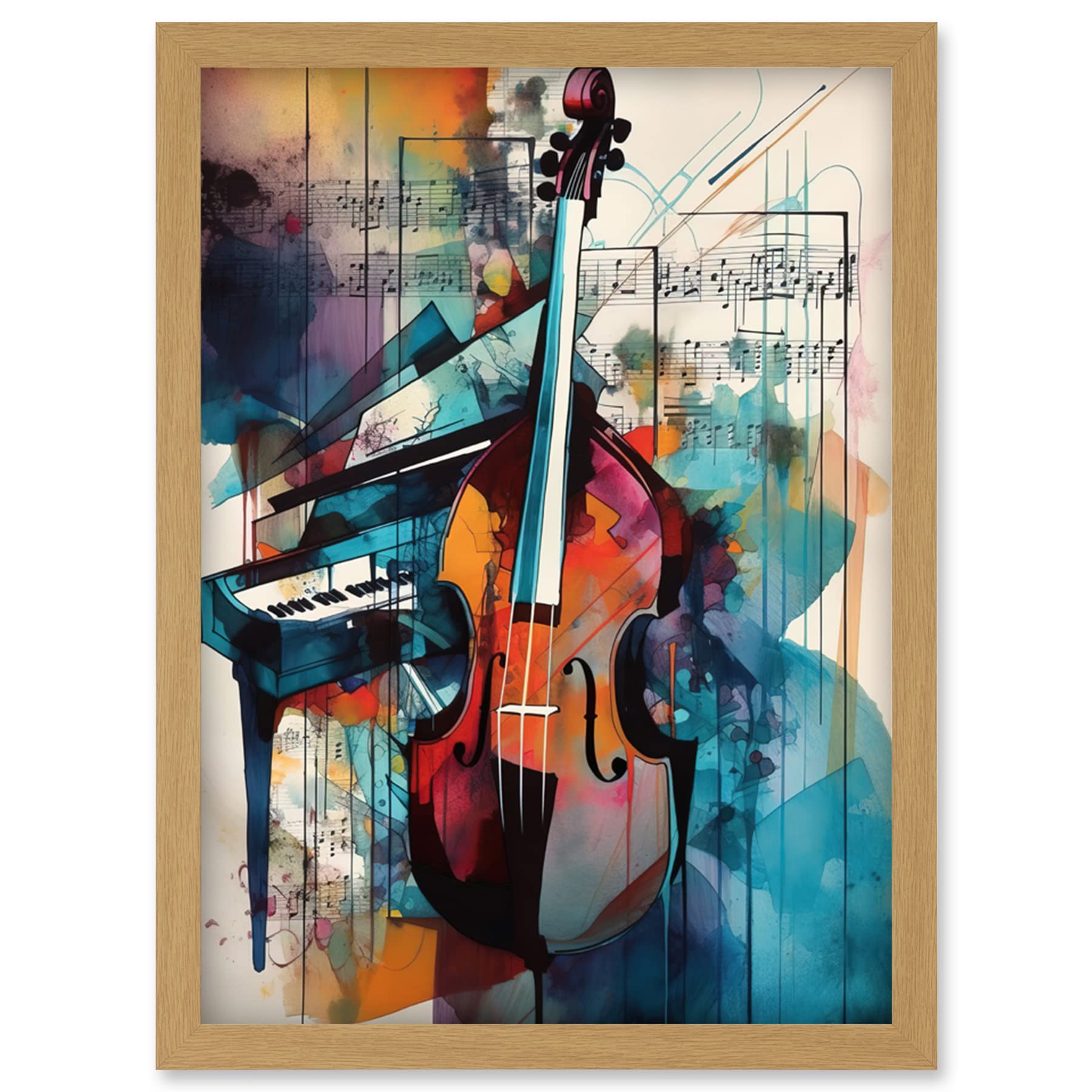 Artery8 Violin and Piano Classical Music Note Melody Concerto Abstract Modern Watercolour Painting Artwork Framed Wall Art Print A4