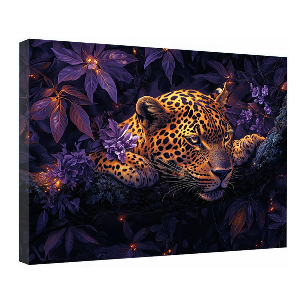TZKRWRH Leopard Wall Art Print Home Decor, Cheetah Jungle Poster Leopard In Purple Foliage Minimal Animal Prints Modern Paintings Maximalist Decoration(Purple 34)-70x100cm Framed