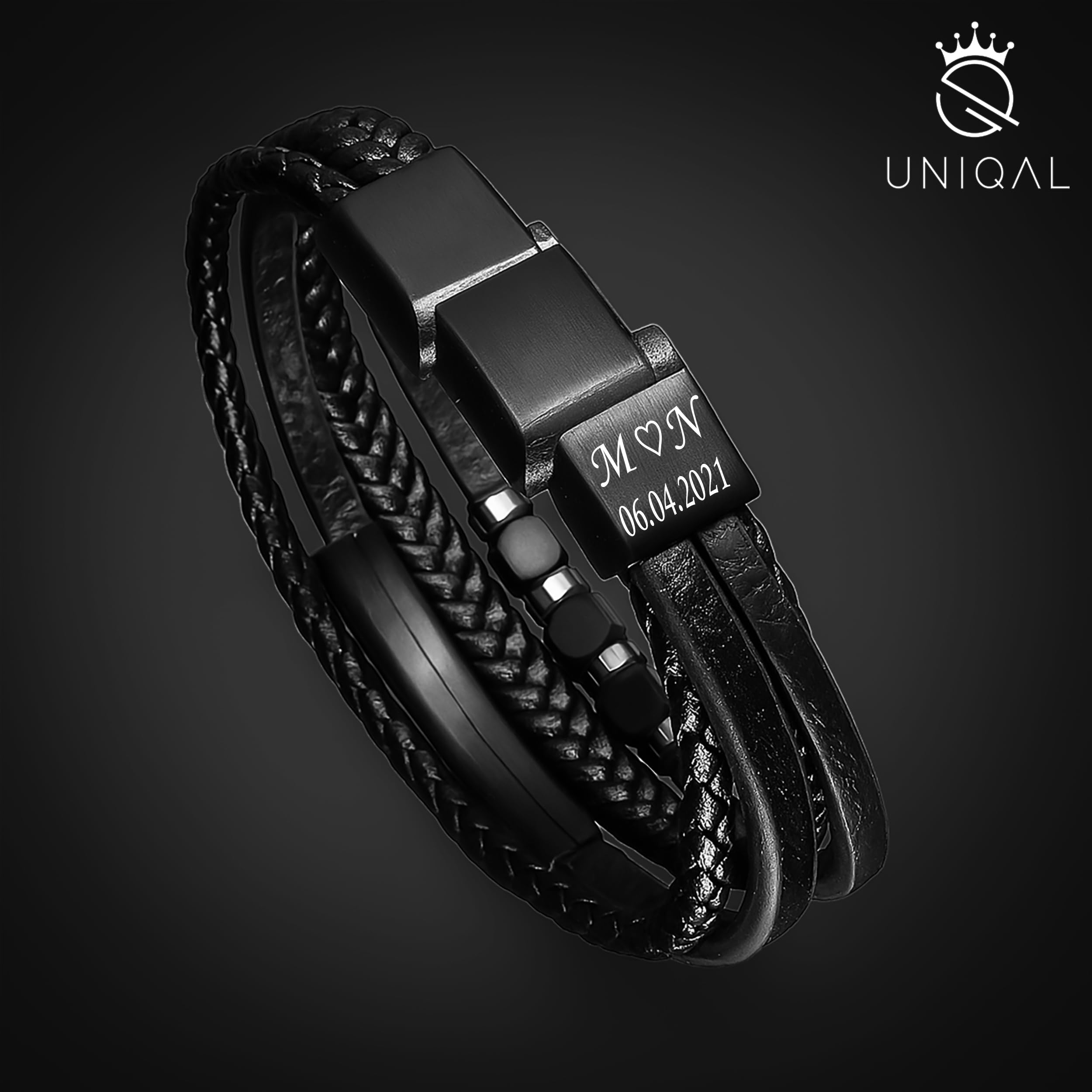 UNIQAL | Lederarmband Herren "PLATE" Mens Bracelet | Edelstahl, Echtleder | Etui Box Gratis