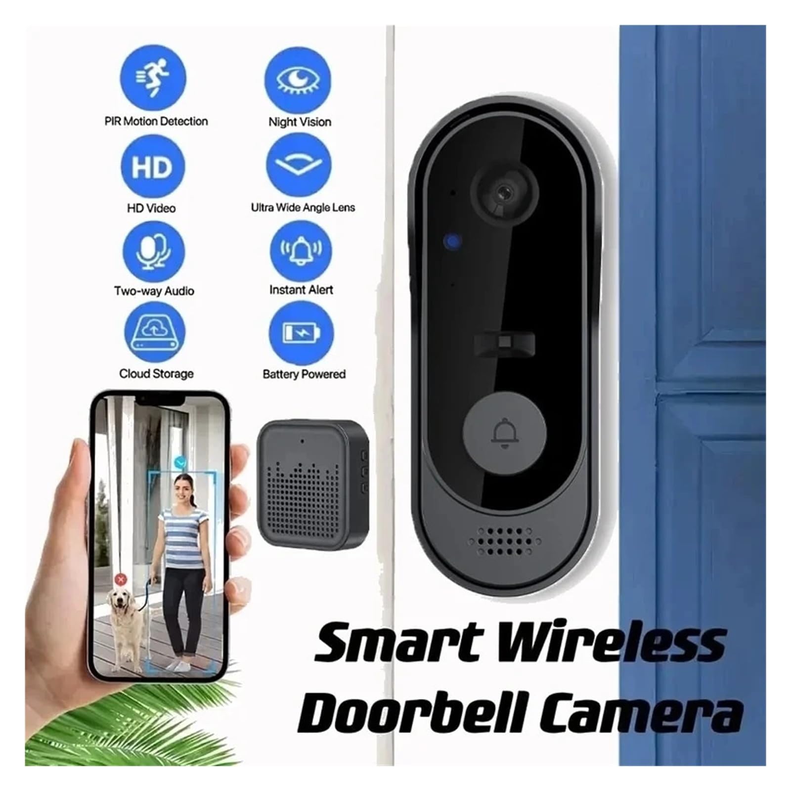 Timbre inalámbrico WiFi Resistente al Agua con videoportero HD y cámara for casa Inteligente. Vista Amplia(Set B)