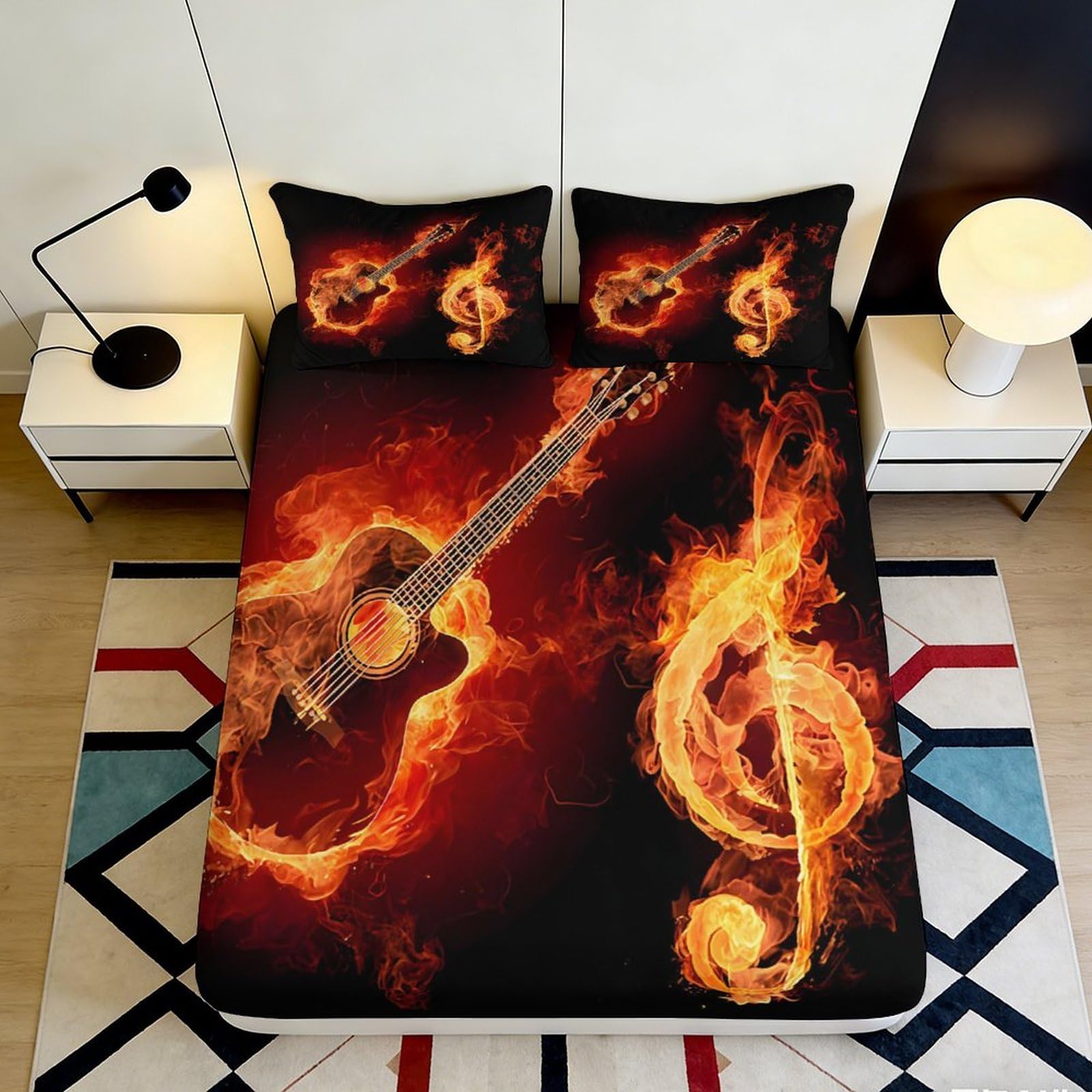 3D Printed Fire Guitar Fitted Sheet Microfiber Soft Bed Cover with Flaming Note Design for Bedroom Dorm Mattress Protector 160x200x25cm