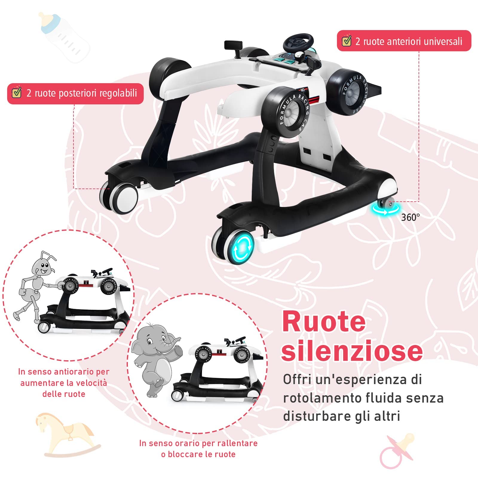 GYMAX Girello per Bambini 4 in 1 a Spinta, Girello Primi Passi Pieghevole con Altezza e Velocità Regolabile, con Luci e Suoni per Bambini 6-18 Mesi, Portata 12 kg, 73 x 64 x 55,5 cm (bianco)
