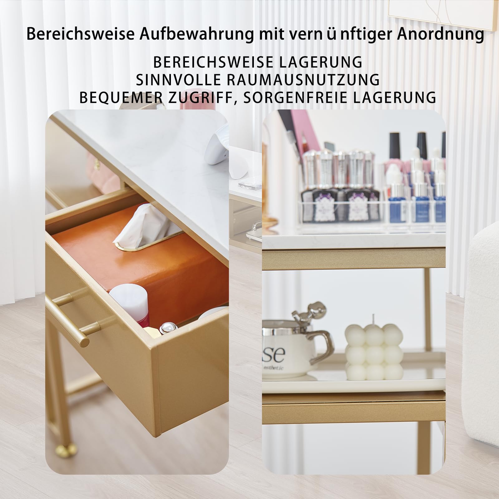 Tavolo per Unghie - Struttura in Metallo Resistente, Design Elegante, Piano in Marmo, Ampio Spazio, Montaggio Facile. (40 * 120 * 78CM, oro)