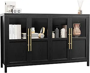 GarveeHome Sideboard Buffet Cabinet with 4 Glass Doors, 55" Buffet Table Coffee Bar Wine Bar Display Cabinet for Kitchen Dining Room, Living Room (Dark, Glass with 4 Doors)