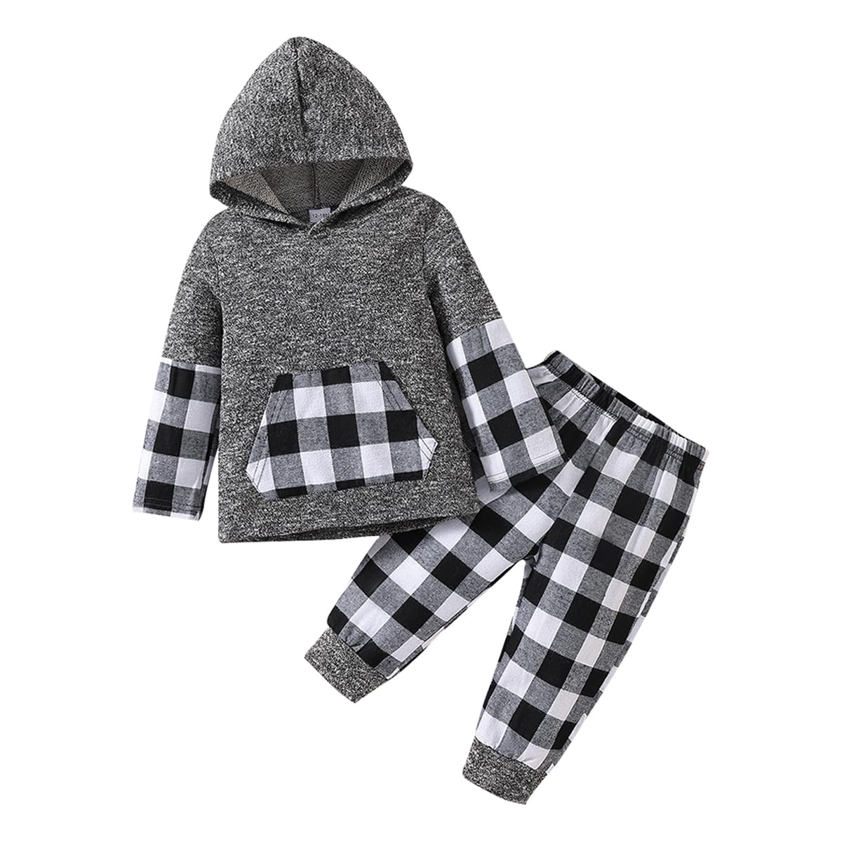WOLBAY Toddler Boy Clothes long Sleeve Plaid Hoodie Buffalo Plaid Pants Sweatsuit Fall Winter Outfits 12 Months- Size 5