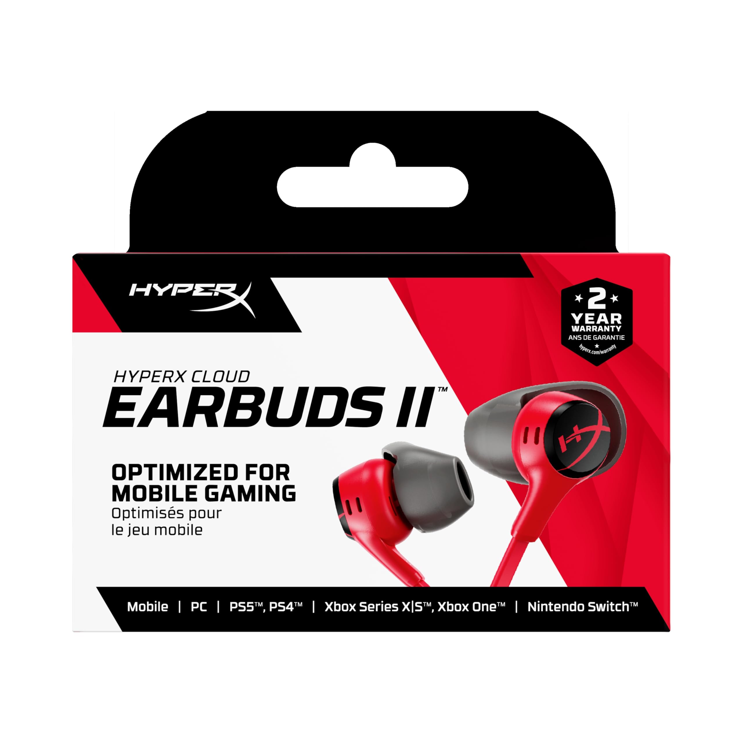 HyperX Cloud Earbuds II Écouteurs Gaming, Audio Immersif, Microphone Intégré, Prise Jack 3.5mm Coudée, Quatre Tailles d'Embouts, Pochette de Transport, Rouge