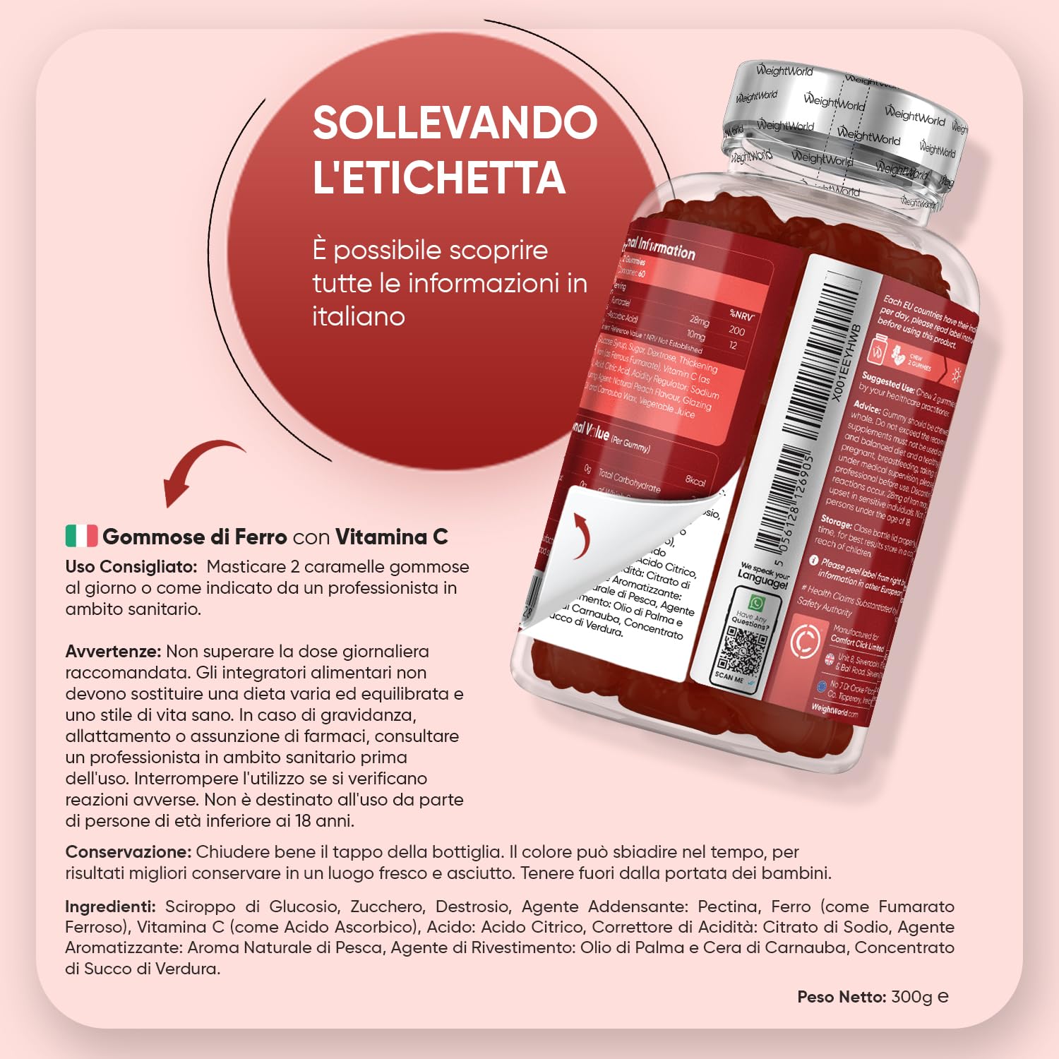 Integratore Ferro e Vitamina C in 120 Caramelle Gommose Vegane (Scorta 2 Mesi), 38mg di Ferro Integratore (Fumarato Ferroso) con Vitamina C (Acido L-Ascorbico), Gusto Naturale di Pesca, Senza Glutine