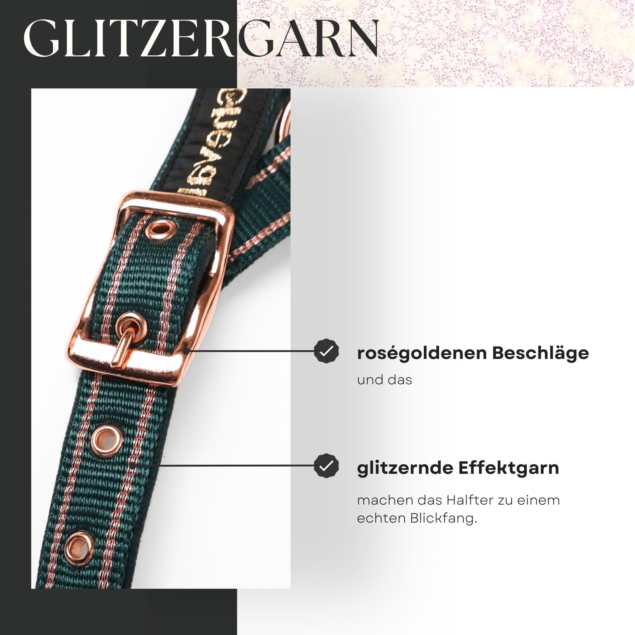 Cavezza per cavalli con glitter in oro rosa, cavezza cavallo in nero e rosa, regolabile in 2 posizioni (verde oro rosa, purosangue)