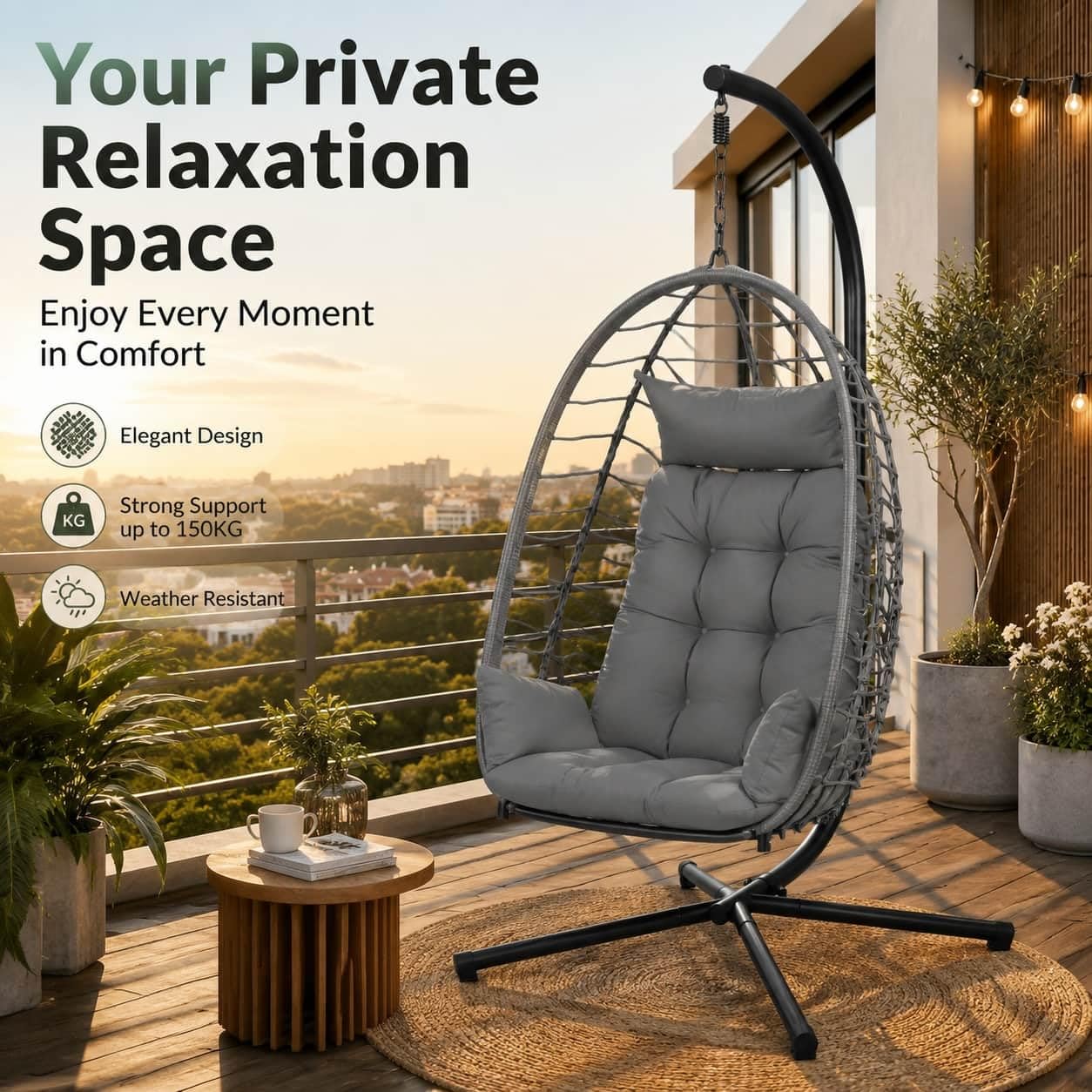 IDEALHOUSE Ei-Hängesessel grau aus Polyrattan mit Stahlrahmen – faltbar, wetterbeständig, bis 150 kg, inkl. schwarzer Schutzhülle – für Garten, Balkon, Terrasse & Indoor
