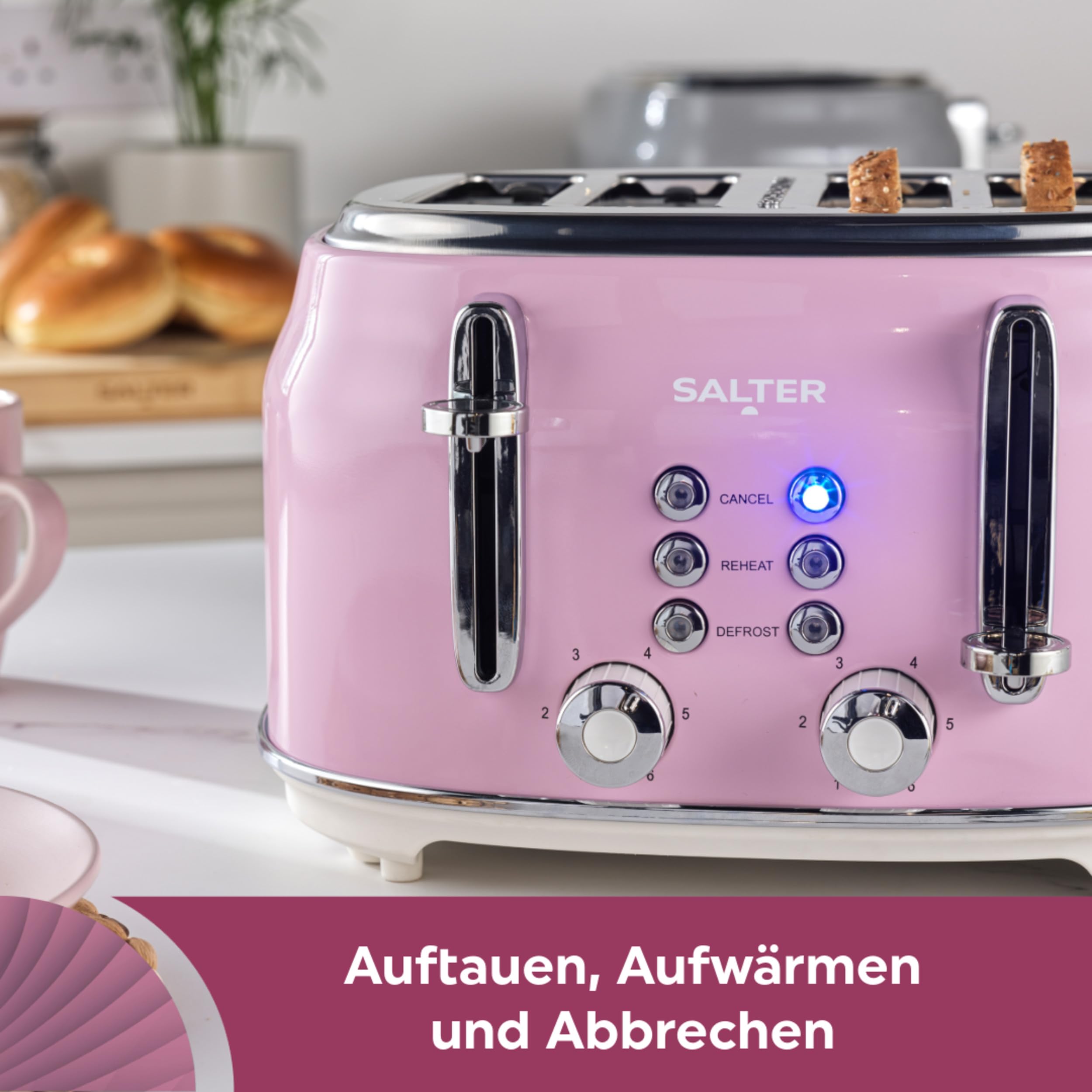 SALTER Retro Toaster 4 Scheiben – Breite Schlitze, 6 Bräunungsgrad, Auftauen, Aufwärmen, Abbrechen Funktionen, Herausnehmbare Krümelschublade, Selbstzentrierung, 1630 W, Pink