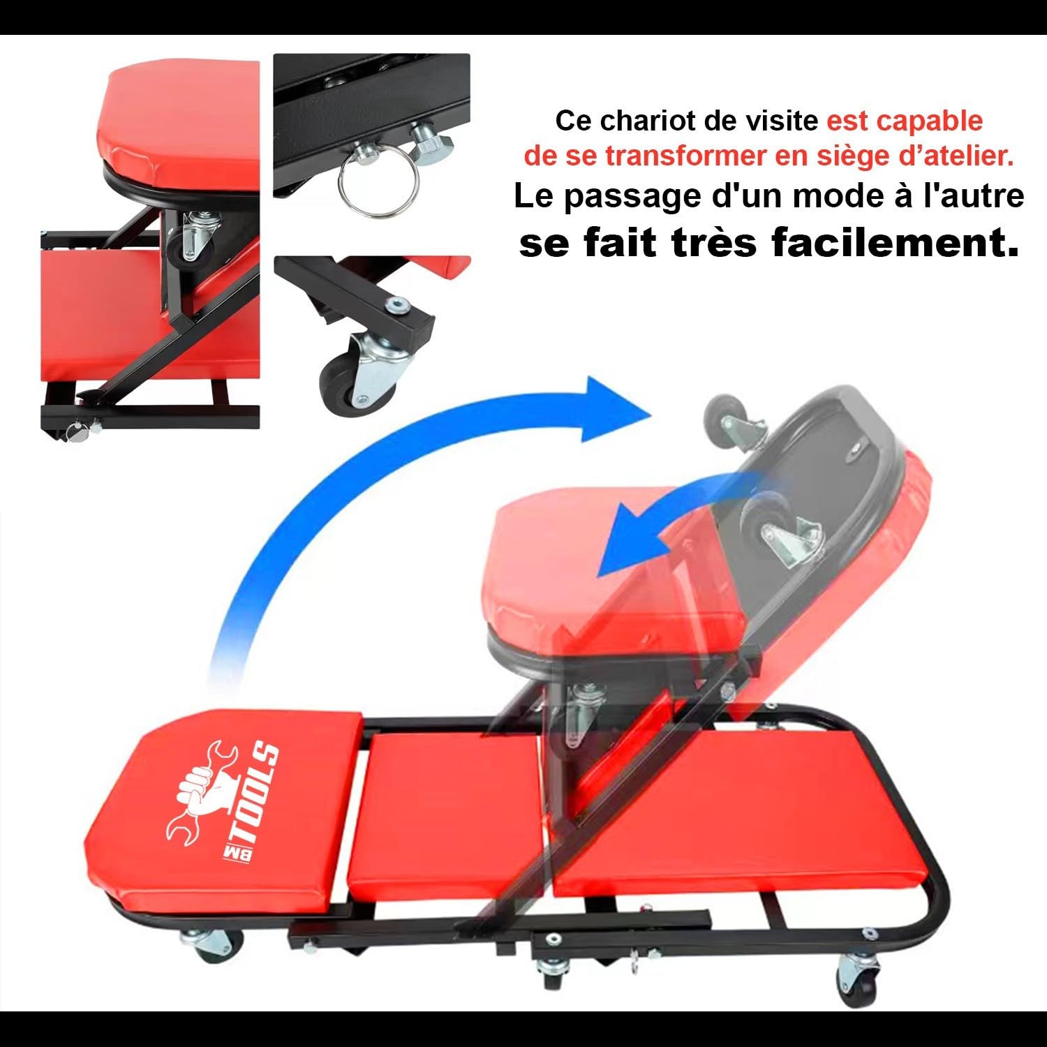 Chariot de Visite BM TOOLS Mécanicien Convertible en Siège d'Atelier - Garagiste/Mécanique 2 en 1 - Transformable en Tabouret