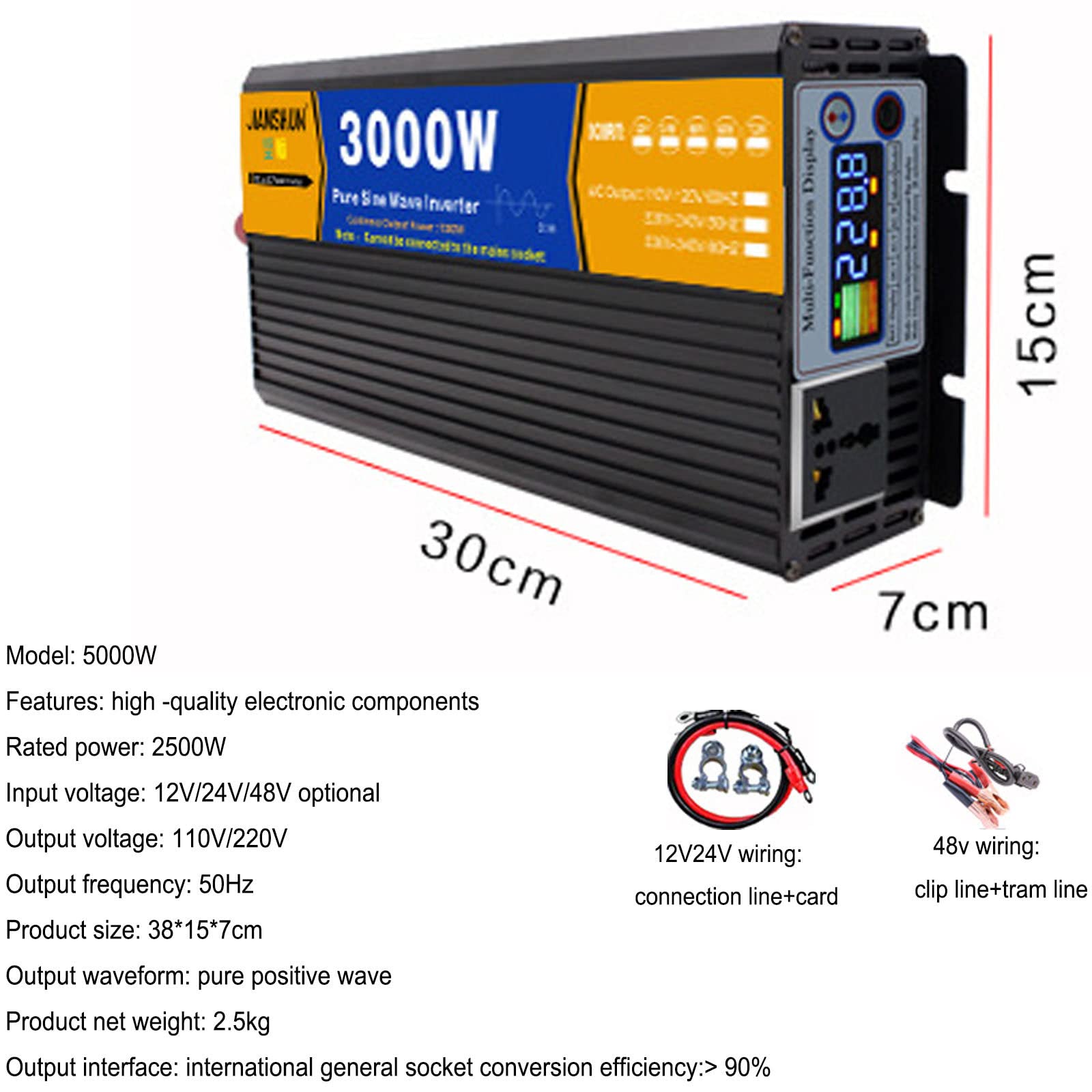 Inversor De Energía De Onda Sinusoidal Pura,3000W 4000W 5000W,Inversor DC 12V24V/48V to AC 110V220V,con puertos de carga USB, y dos ventiladores de refrigeración,12Vto220V-3000W