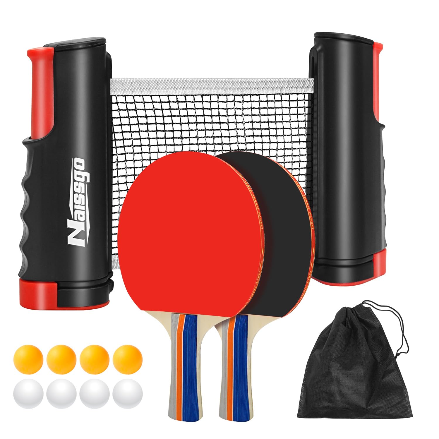 Tischtennisschläger Tischtennis Set Profi, 2 Tischtennisschläger +Einziehbarem Netz + 8 Tischtennis-Bälle + 1 Tragetasche, Tischtennisschläger Set für Indoor & Outdoor Spiele-Schwarz