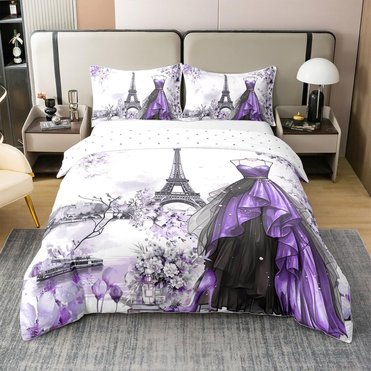 Housse de couette fleurs violettes pour chambre romantique de très grand lit