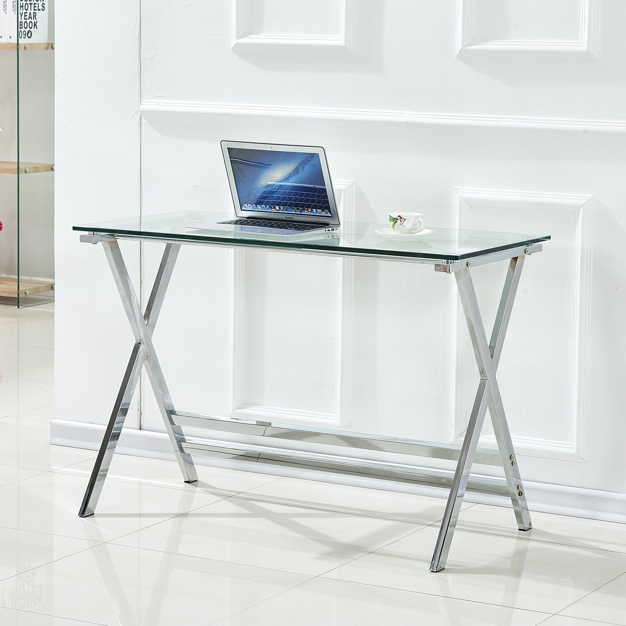 HAINEW HD26040115 - Escritorio de cristal para ordenador con mesa de cristal y patas metálicas plateadas en forma de X, mesa de oficina, mesa auxiliar para casa, oficina, salón, 110 x 55 x 76 cm