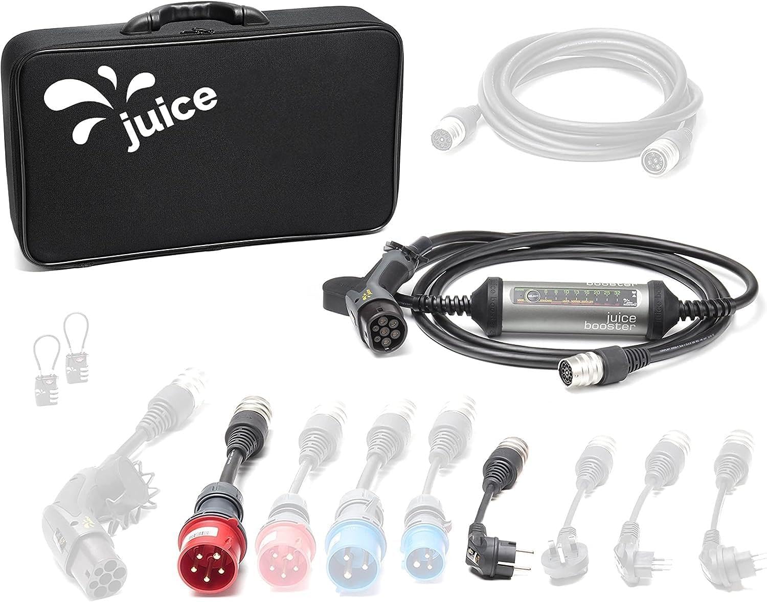 Juice Booster 2 Basic Set, Mobile Wallbox 22kW Sin Instalación, Cargador Coche Electrico con Cable Tipo 2, Ligero e Impermeable IP67, Incluye Adaptador CEE32 Rojo 3 Fases + EU Schuko