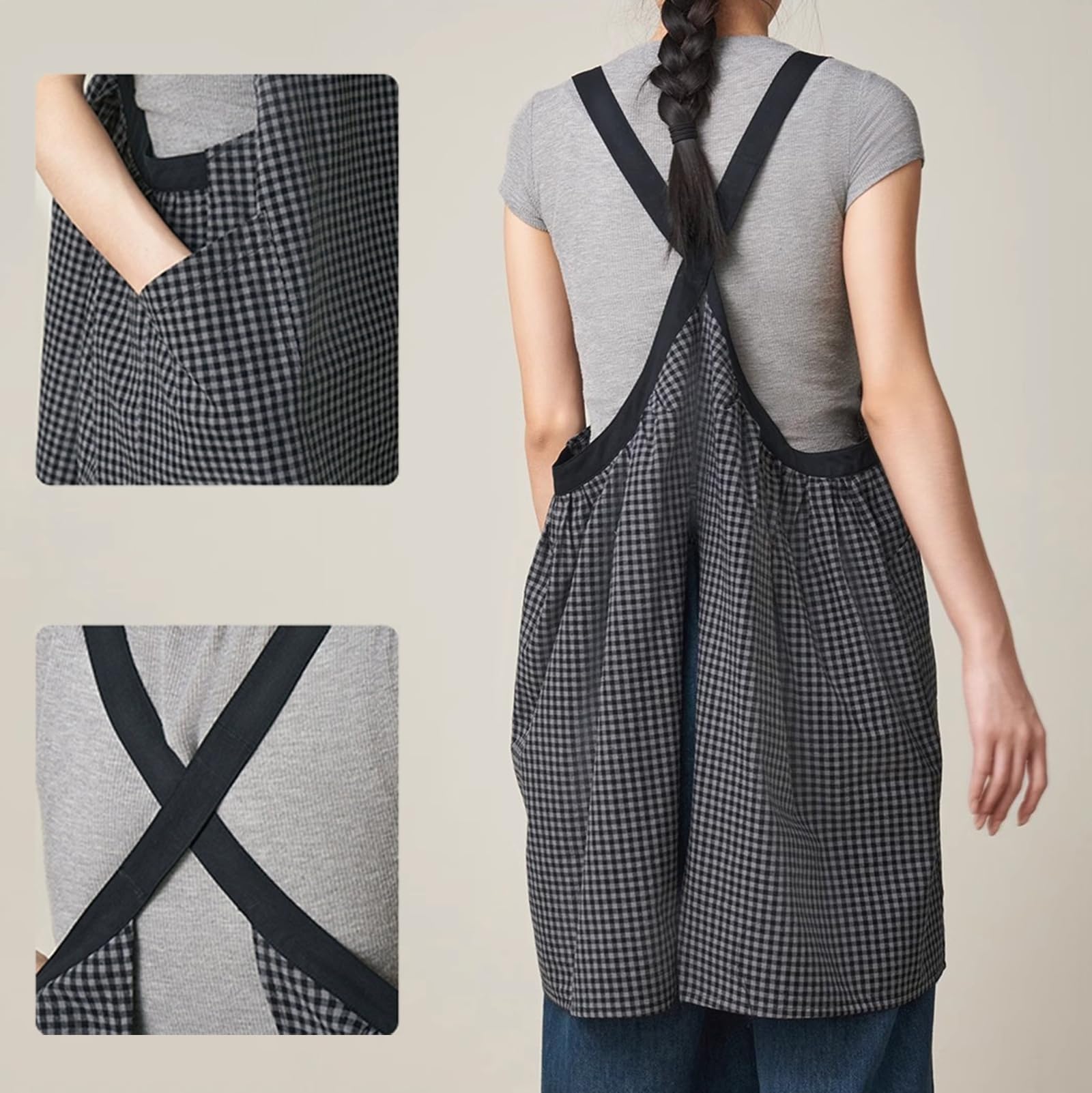 Delantal Mujere De Algodón con 2 Bolsillos, Japón Estilo, Delantales Cocina para Mujeres Cocinar Y JardineriaGrey,One Size