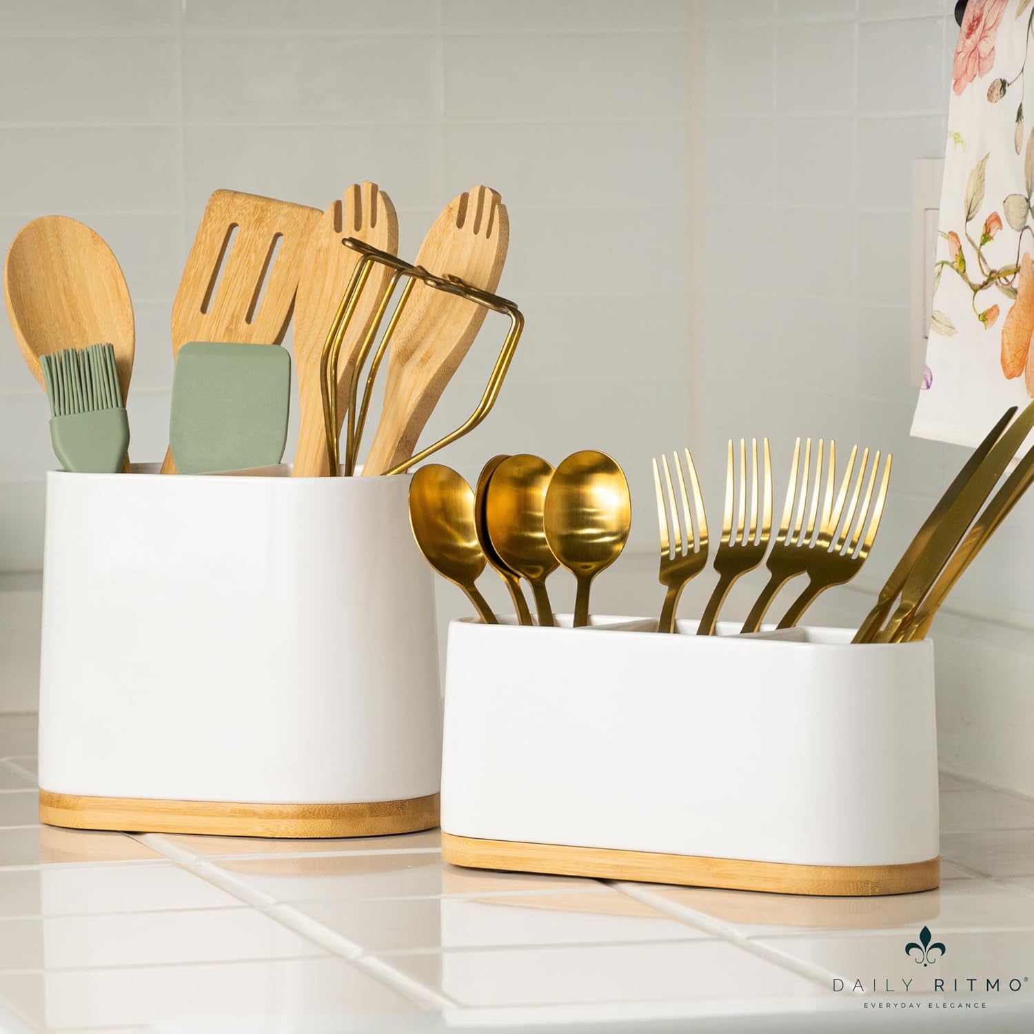 DAILY RITMO® White Large Oval Utensil Holder and Countertop Silverware Holder Bundle