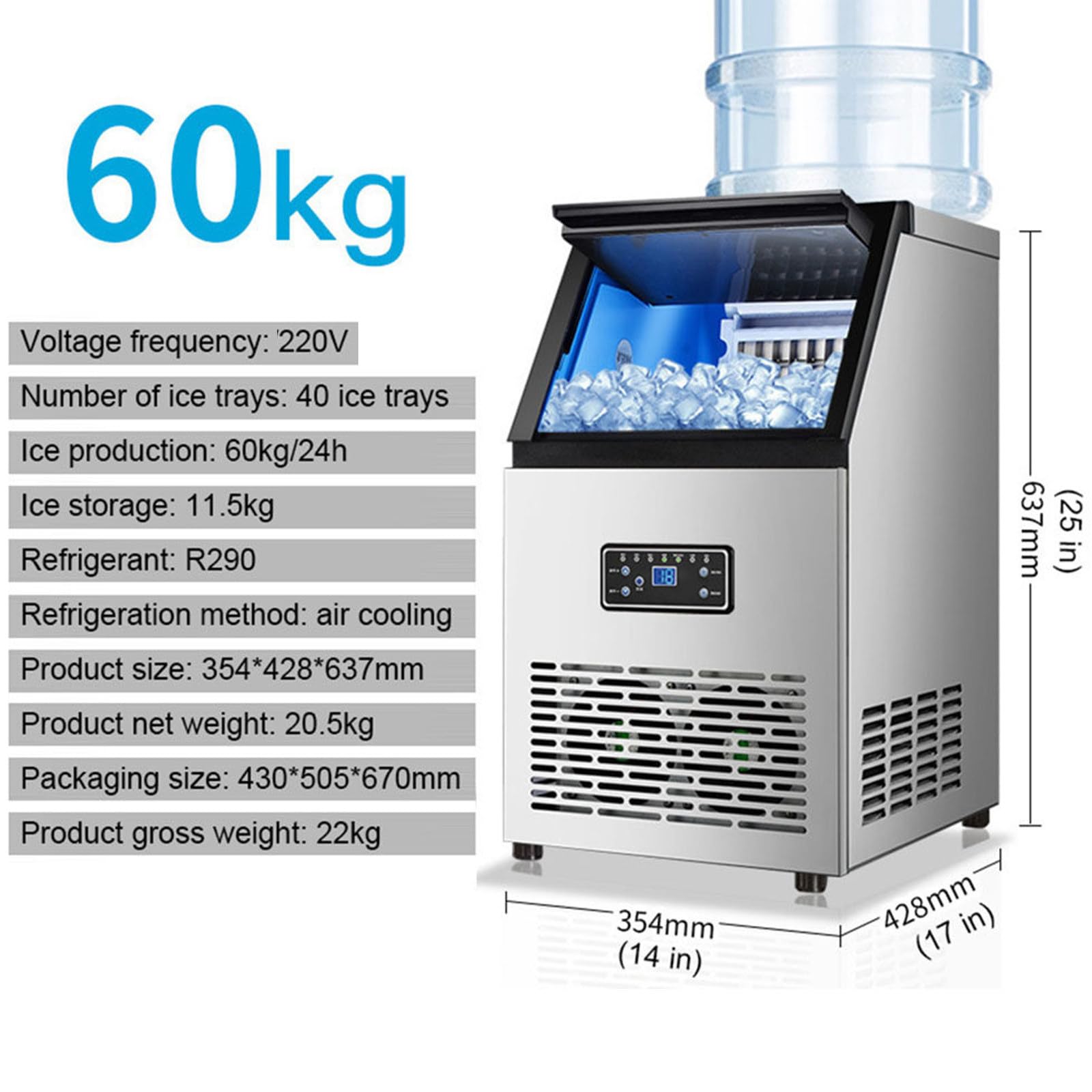Produttore ghiaccio professionale,macchina banco in acciaio inox 60kg | produzione a cicli (griglie 24/32 cubetti), capacità stoccaggio 11,5 kg, funzione autopulizia a 360°; per bar e ristoranti.