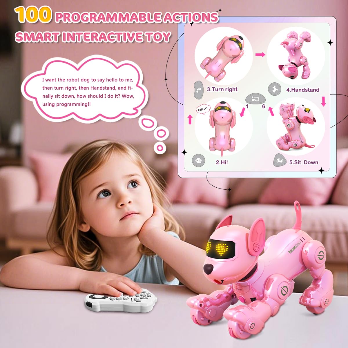 VATOS Chien Robot Rechargeable pour Enfants, Chien Robotisé Télécommandé, Programmable, 17 Fonctions Interactives et Volume Réglable, Jouet Robot Chiot Chantant et Dansant Cadeau pour Enfants, Rose
